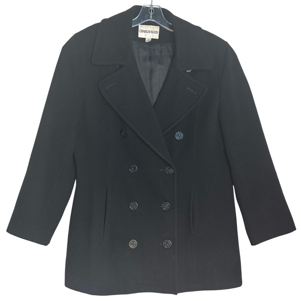 Vintage 90s Charles Klein Black‎ Wool Peacoat Double Breasted Anchor Buttons 16